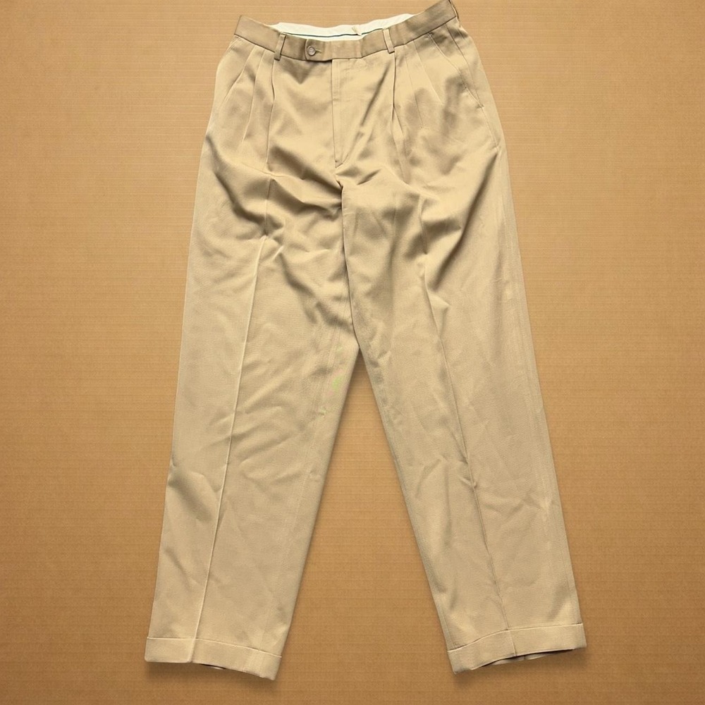 Greg Peters Slacks Mens Sz 34x31 Beige Relaxed 100% Wool Double Pleated Pants